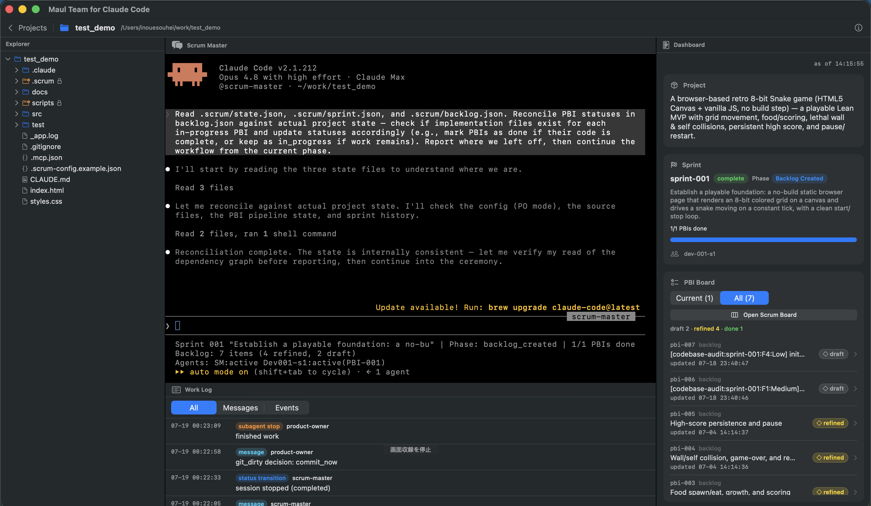 The MaulTeam.app window: a terminal conversation with the Scrum Master on one side, a live Sprint dashboard on the other.